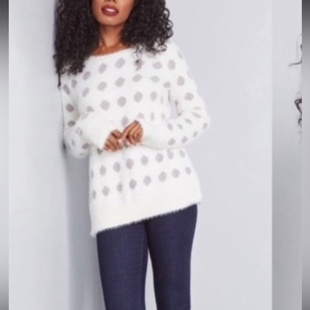 Modcloth White with Metallic Multicolored Polka Dot Fuzzy Sweater Size S…